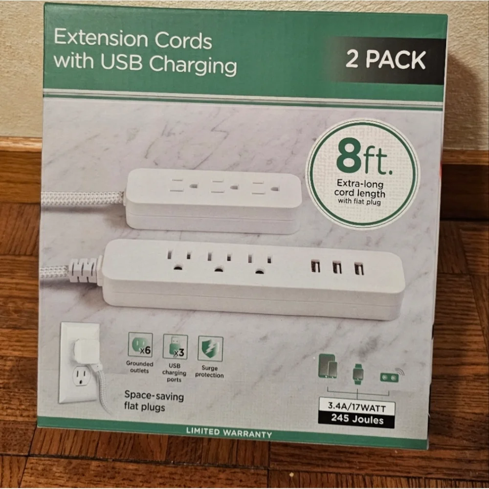 Jasco 2 Pack Extension Cords with USB Charging 8 Ft Extra Long 6 Outlets 3 USB